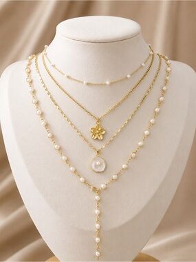 Anthropologie Gold Layered Pearl Necklace with Floral Pendant